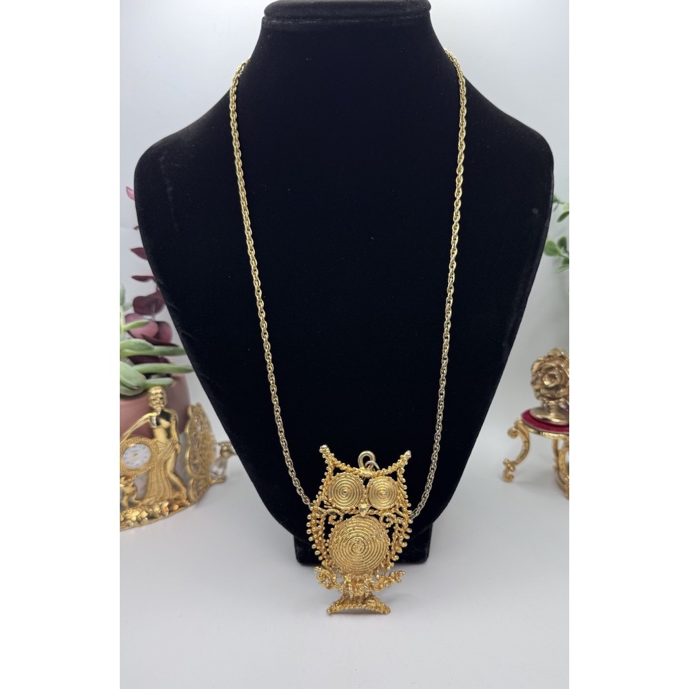 Vintage Sascha Brastoff Brutalist Owl Pendant Necklace Gold Tone 38in Chain